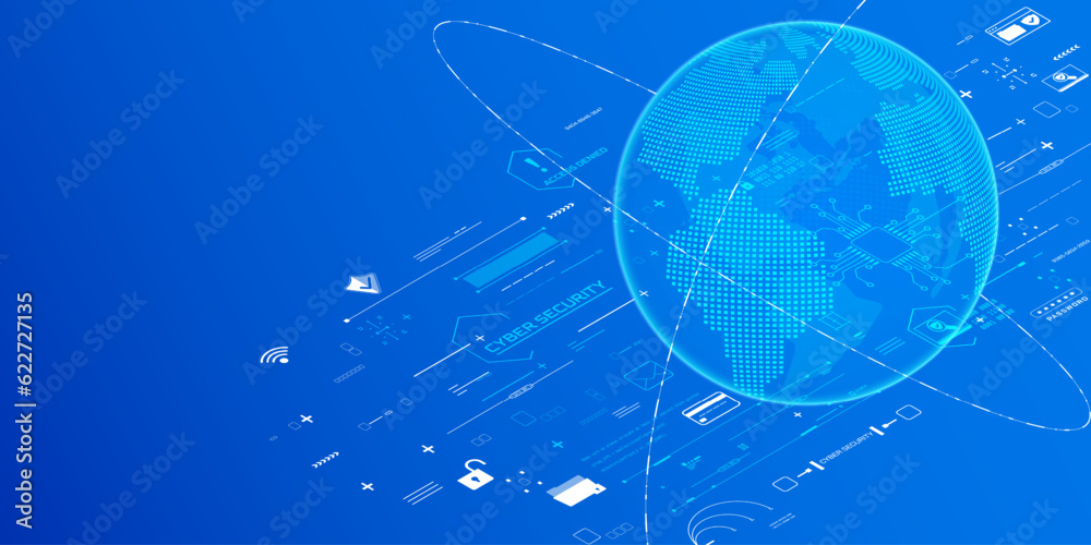 Aufkleber Digital globe of cyber security network concept, Blue 3D world map sphere technology data protection vector.