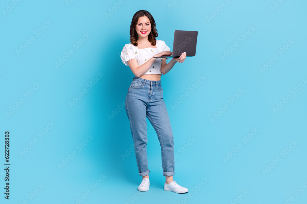 Sticker full body portrait of pretty positive lady use wireless netbook coworking networking isolated on blu