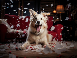 Excited dog ripping up Christmas day gifts