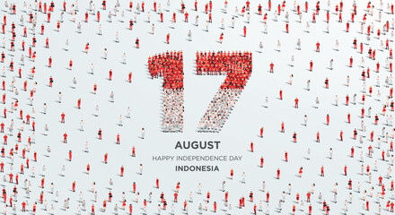 Happy Independence Day Indonesia. A large group of people form to create the number 17 as Indonesia celebrates its Independence Day on the 17th of August. Vector illustration.