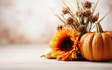 Zelfklevend Fotobehang Autumn pumpkin with sunflower dry leaves and flowers on blurred bokeh lights white background with copy space. Wooden floor. Halloween concept. Happy Thanksgiving. Greeting card concept © lanters_fla