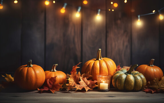 Autumn pumpkin with candles, maple leaves, garland with light bulbs on dark bokeh lights blue background with copy space. Wooden table. Halloween concept. Happy Thanksgiving.