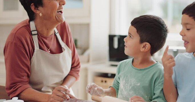 Happy, grandmother or children baking in kitchen with siblings learning cooking recipe in family home. Cake, excited or proud grandma smiling, helping or teaching young kids for skills development