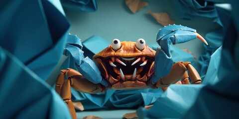 Angry crab threatens with claws while standing in a hole in blue paper, concept of Aggressive behavior, created with Generative AI technology