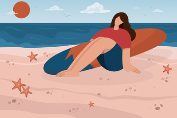 Girl surfer on the beach near the sea, ocean. Beautiful sunset, sand, starfish. Vector illustration in a flat style.