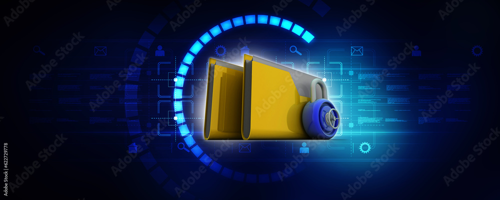Poster 3d rendering yellow folder and lock. data security concept