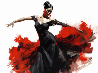 Beautiful and passionate woman in dress dancing flamenco, sketch illustration style - obrazy, fototapety, plakaty