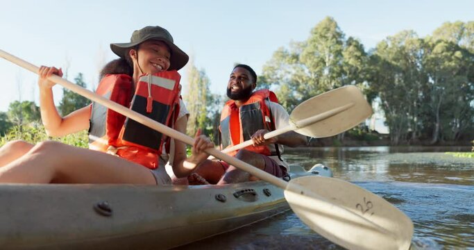 Couple, kayak and boat on lake outdoor for sports adventure or nature travel trip. Young man and woman together for fun workout, teamwork challenge and rowing on river or water on holiday or vacation
