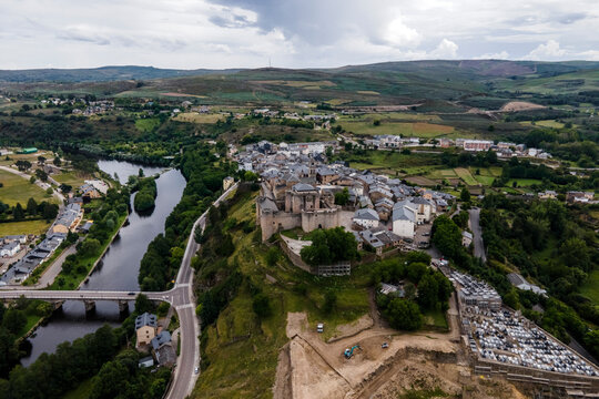 Aerial view of Puebla de Sanabria, a small town with a medieval castle along the Rio Tera river in Zamora, Spain.