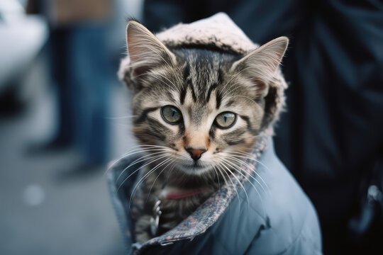 Fluffy cat dressed as a human on the street in a crowd of passersby. Creative concept of street fashion, casual wear, street style. Generative AI professional photo imitation.