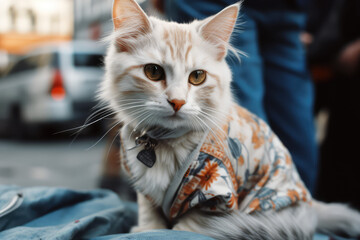 Fluffy cat dressed as a human on the street in a crowd of passersby. Creative concept of street fashion, casual wear, street style. Generative AI professional photo imitation.