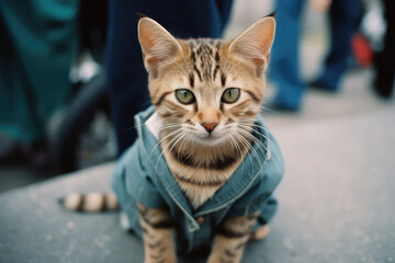Fluffy cat dressed as a human on the street in a crowd of passersby. Creative concept of street fashion, casual wear, street style. Generative AI professional photo imitation.