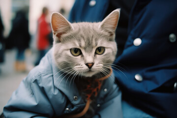 Fluffy cat dressed as a human on the street in a crowd of passersby. Creative concept of street fashion, casual wear, street style. Generative AI professional photo imitation.