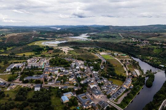 Aerial view of Rio Tera river crossing Puebla de Sanabria in Zamora, Spain.