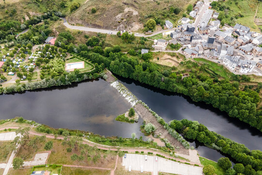 Aerial view of Rio Tera river crossing Puebla de Sanabria in Zamora, Spain.