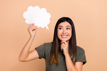Photo of intelligent korean girl touch chin thoughts look bubble paper cloud idea decide startup planning isolated on beige background