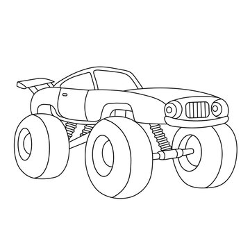 Monster Truck Coloring Page. Off-Road Vehicle Vector Illustration. Cartoon Car Outline Design.