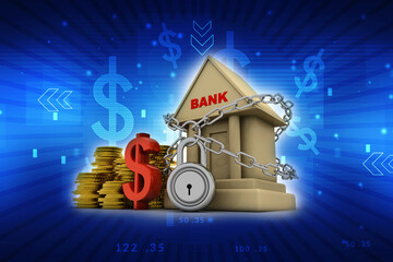3d rendering bank with dollar near gold coin

