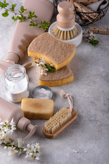 Eco cleaning with bottles, brushes and sponges