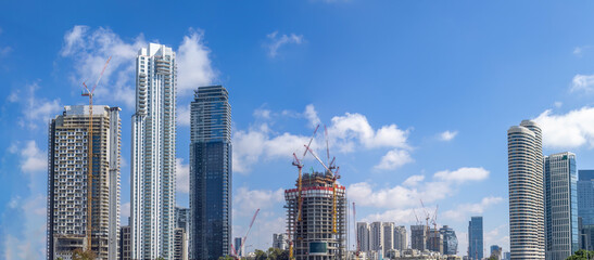 Scenic Tel Aviv financial and business district skyline, construction of new office buildings.