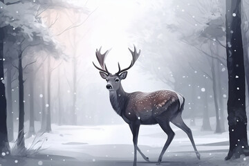 illustration with deer in winter forest