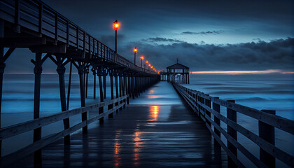 Fototapeta na wymiar Blue Hour before the sunrise along the pier Ai generated image