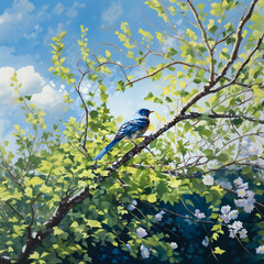 Obraz premium Watercolor painting of a blue bird sitting on a branch in the forest. Generative AI