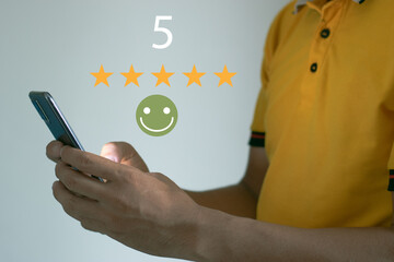 Customers can evaluate the quality of service Man is rating satisfaction customer satisfaction poll concept