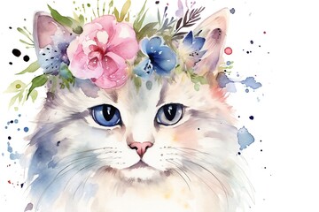 Watercolor cute cat on white background Generative AI