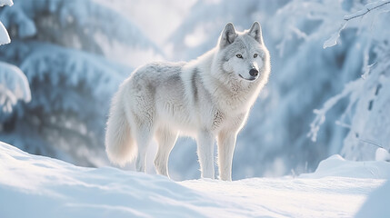 Naklejka premium Very beautiful illustration of a wild polar wolf walking in a snowy environment. Arctic wolf in the middle of the snow. Arctic wolf. Realistic 3D illustration. Generative AI