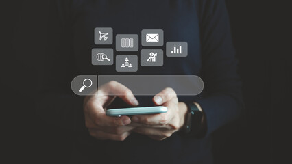 Search Engine optimization SEO concept, Businesswoman is using smartphone to search for information on Internet, Using the search bar, Wireless Network, big data and accessing website information.