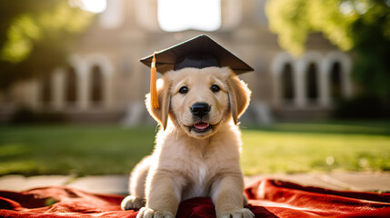 A puppy wearing a graduation cap. Golden retriever puppy in academic cap at golden hour. Graduation concept. Realistic 3D illustration. Generative AI - obrazy, fototapety, plakaty