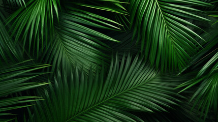 dark green large palm leaves, tropical foliage plant growing wild