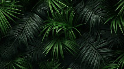 dark green large palm leaves, tropical foliage plant growing wild