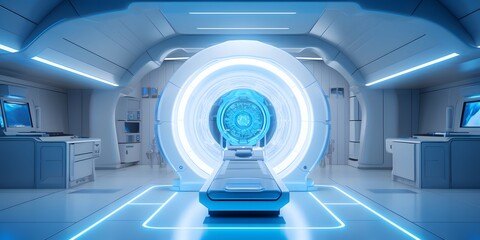 advanced mri or ct scan medical diagnosis machine at hospital lab as wide banner with copy space area - Generative AI - obrazy, fototapety, plakaty