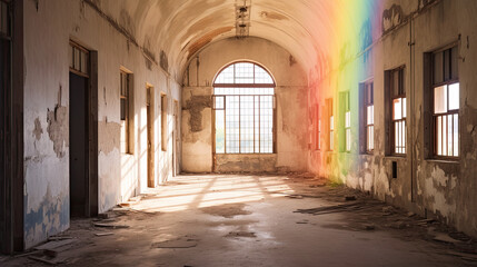 Fototapeta premium abandoned building with rainbow reflection on the walls. 