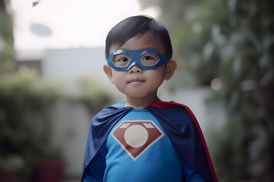 Little boy wear superhero costume and eyes mask. Generative AI