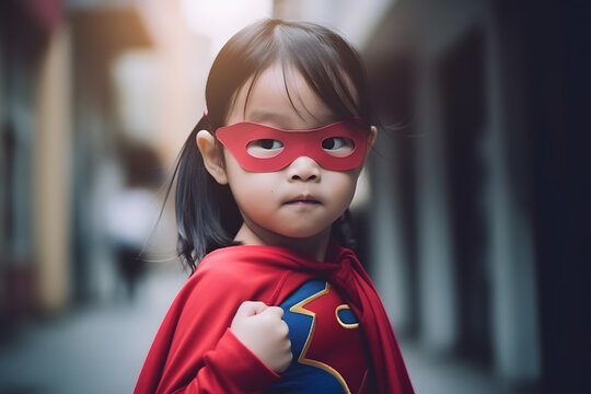 Little girl wear superhero costume and eyes mask. Generative AI