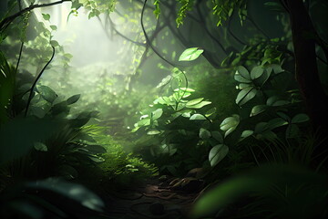 Green Foliage, Summer Forest Tunnel, Path in Dense Vegetation, Abstract Generative AI Illustration
