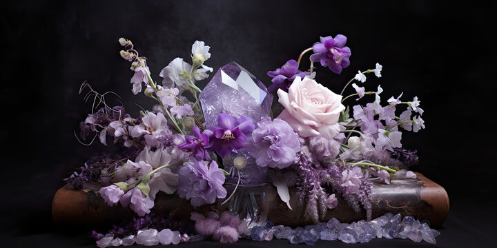 purple flowers and crystals on the book. 