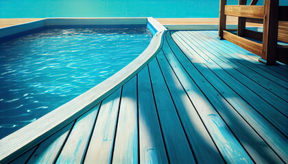 Obraz premium Luxury Wood Terrace by Swimming Pool, Wood Architecture, Abstract Generative AI Illustration