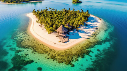 Fototapeta na wymiar Romantic and dreamy heart-shaped island in the middle of the ocean. Island covered with green palm trees and colorful flowers. Tropical heart shape desert island with white sand beach. Generative AI