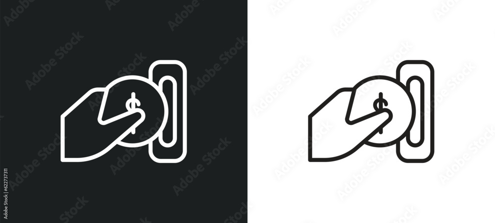 Poster insert coin outline icon in white and black colors. insert coin flat vector icon from e commerce and