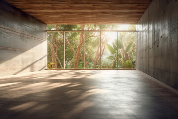 Wooden floor in tropical garden. Living room with concrete floor and old wooden plank wall in tropical landscape. Template for your design need. Realistic 3D illustration. Generative AI