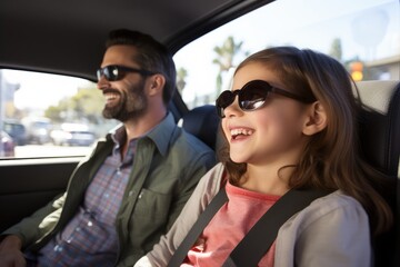 Happy family of father and children enjoying road trip together, AI Generative