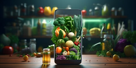 Fototapeta na wymiar Mobile phone for searching online recipe, diet, nutrition. Grocery shopping app concept