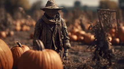 Fototapeta na wymiar A scarecrow mounted to guard pumpkin patch. Scarecrow stands in pumpkin patch in autumn. Crop protection concept. Realistic 3D illustration. Generative AI