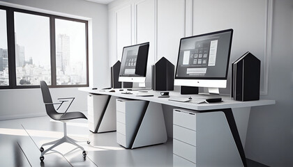 Modern open space office with computer monitors on white desks Ai generated image