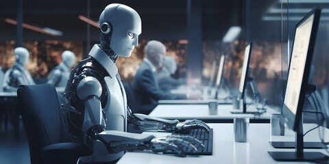 Obraz premium Robot works at laptop in modern office. Robots replacing humans in offices. Machines take people's jobs away. Unemployment. Created with Generative AI technology