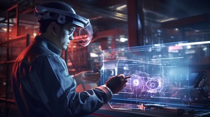 Showcasing predictive maintenance in factories, a factory worker views a holographic projection of a machine internals. Innovative solution for proactive issue detection and resolution. Generative AI - obrazy, fototapety, plakaty
